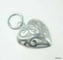 Sterling Silver Charm W/Ring Filigree Puff Heart(13.8 x 11.1 x 5.6mm)
