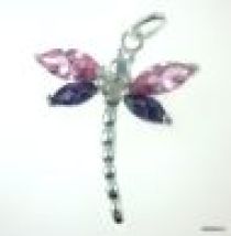 Sterling Silver Charm W/Ring- Dragonfly with Lt. rose & Amethyst Cz Stones -24x 20mm