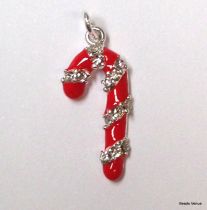 Sterling Silver Candy Cane (Enamel & CZ)  W/Open Jump Ring - 18mm