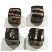  Glass beads Black & Golden Stripe Cube 12mm