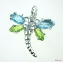 Sterling Silver Charm W/Ring- Dragonfly with Aqua, Peridot Cz Stones -20x 19mm